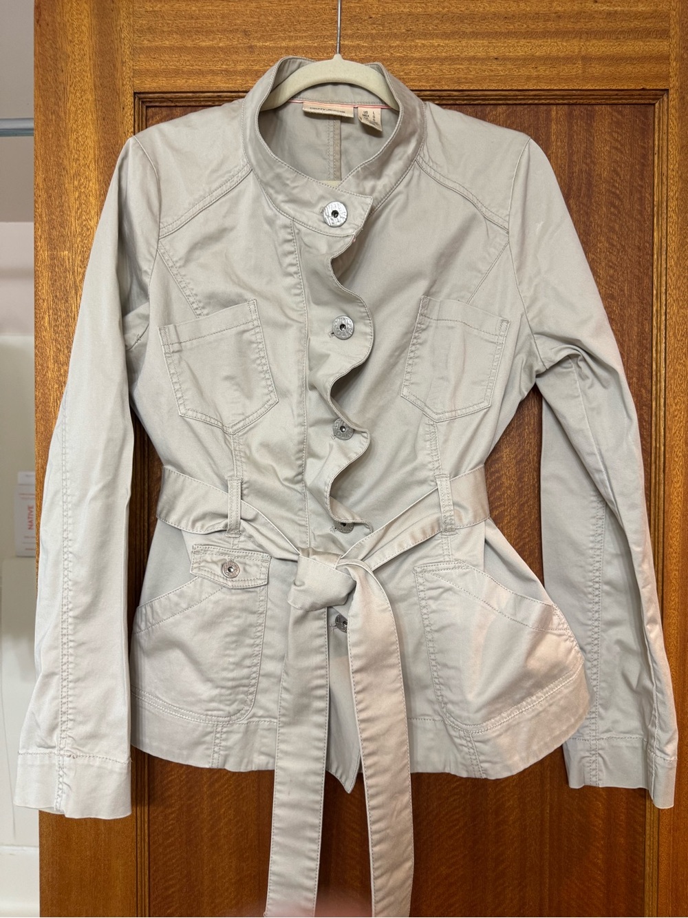 DKNY Short Trench Jacket with Ruffle Front - size Lg.